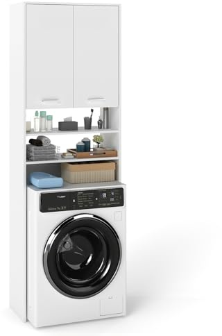 Songvas Mobile Lavatrice, Mobile Sopra Lavatrice WC, scaffale lavatrice con 2 Ante e Ripiani Aperti, Mobiletto Bagno Salvaspazio, per Lavanderia, Bagno, 179.5 x 64 x 30 cm, Bianco
