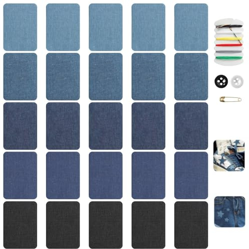 Patchs pour Jeans à Repasser,Patchs Jean Thermocollant,Denim Patch en Tissu | 25 Pièces,Denim Jeans Patchs à Repasser,Kit de Réparation avec Patchs dans Différents Tons de Bleu, pour Pantalon,Veste,Jean