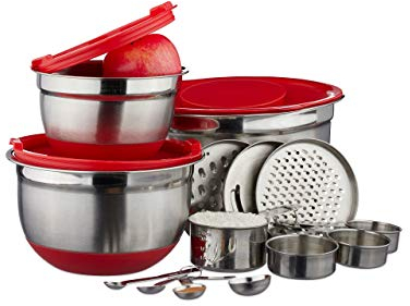 Relaxdays Küchen Set 17-tlg., Messlöffel & US Cups, antirutsch Rührschüssel, Deckel mit Spritzschutz, Reibe, silber/rot, 15 x 26 x 26 cm