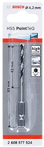 Bosch Professional PointTeQ Hex Drill Bit (for Metal, Ø: 4.2 mm, Total Length: 83 mm, ¼’’ Hex Shank, Accessory for Impact Drivers and Drill Drivers)
