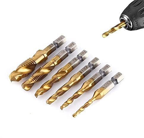 LANTRO JS 6Pcs tarauds filetés, M3-M10 Porte-taraud HSS Forets et tarauds, 1/4 queue hexagonale cannelée pour tarauder différents fils