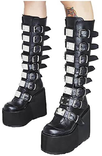 GVGV Kniehohe Stiefel für Frauen Kniehohe Goth Punk Style Mode Schnalle Plateau Keile Stiefel Freizeit Runde Zehe Reißverschluss Mittlere Wadenstiefel, Schwarz, 39 EU