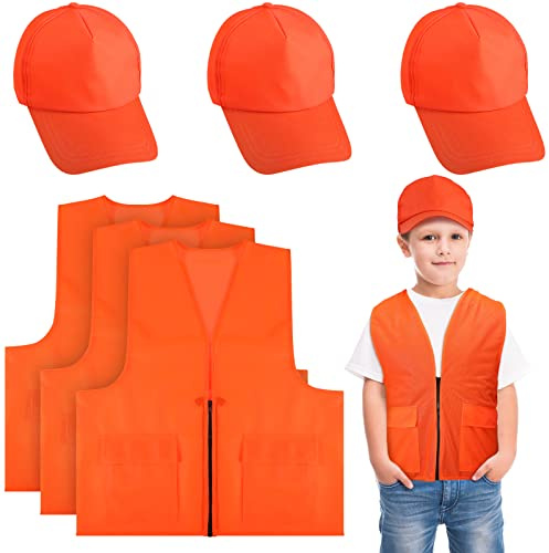 Jiuguva 6 Pcs Kids Hunting Safety Vest and Cap Include Blaze Orange Hunting Vest and Hat for Boys Girls (Baseball Cap Style)