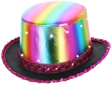 Smiffys Cappello a cilindro metallizzato illuminato a LED, arcobaleno, Bordo interno elastico e profili in paillettes Halloween