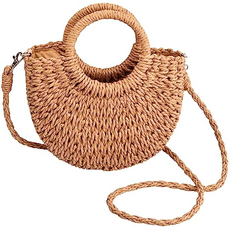 Wisebom Straw Beach Bag for Women, Handwoven Tote Bag Straw Crossbody Bag Hand Weave Shoulder Bag, Rattan Handbag Hollow Boho Style Clutch Purse for Beach Travel Daily Use