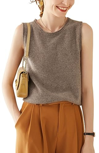 DISSA Women's Crew Neck Sleeveless Knit Cashmere Wool Vest,UK 6-14 | Office layering,slim light plain knit,classic crew neck,neat armholes,light drape,elastic yarn,tailored fit