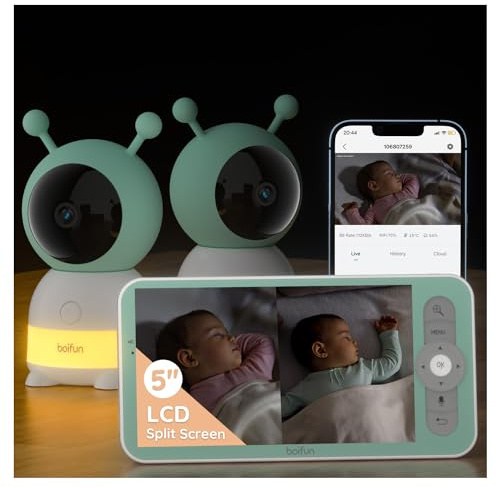 BOIFUN 2 Camara Vigilancia Bebe 2k, Monitor Bebé 5 Split Screen, Visión Nocturna Invisible, Luz Nocturna Ajustable, Alertas de Llanto/Movimiento/Temperatura, 360° PTZ, Zoom 4X, Uso con y sin WiFi