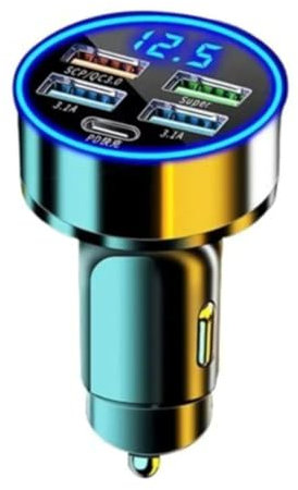 RDRKR 5 Port Car Charger Cigarette Lighter USB Charger LED Voltage Monitor (4USB+PD) Cigarette Lighter Adapter USB C Compatible with Android/iPhone and Tablets Devices