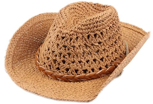 Sombrero de Cowboy de Paja para Niño Adulto, Western Cowgirl Hat Sombrero de Vaquero de Paja Panamá Sombrero de Occidental Gorros de Playa Verano para Mujer Hombre (FR/ES, Letras, S, Caqui)