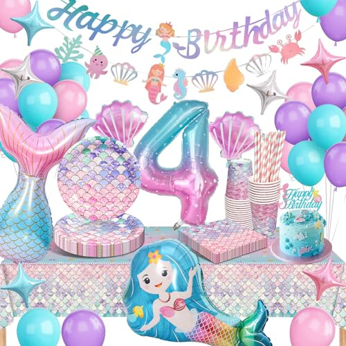 Sirena Vajilla para Fiestas y Decoraciones Cumpleaños Juego de Vajilla 4 Años, Sirena Globos Decorativas, Para 16 Invitados