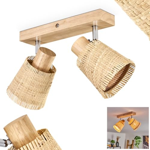 Fallhagen Ceiling Light, Modern Ceiling lamp Made of Wood/Metal/Bast in Natural/Chrome Colours, 2-Flame Scandinavian Design lamp with Adjustable spotlights, 2 x E14, Without Bulbs
