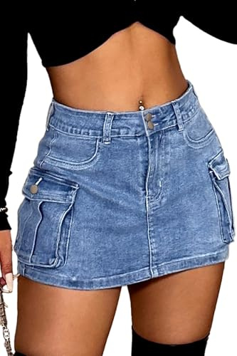ELLEVEN Mini Cargo Skort for Women High-Stretch Denim Short Y2K Low Waist Women's Jean Skirt Casual Trendy Summer Skort with Pockets Going Out Denim Blue Large
