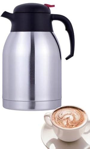 DWD® 2.0 Litre Brushed Stainless Steel Push Button Vacuum Jug Flask 201 Grade Stainless Steel with EN12546-1 Certificate Hot & Cold 24 Hours Twin Wall Insulated Tea Coffee Water One Touch Lid Airpot