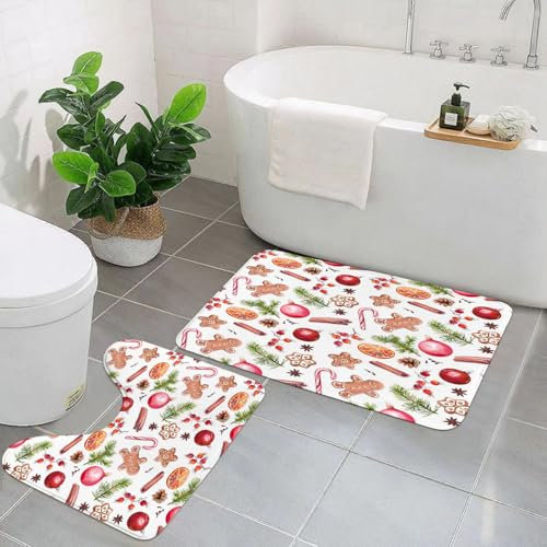 EMCLKS Badezimmermatten 2 Stück rutschfeste Badematte Teppiche, Badezimmer-Garnitur,U-förmiger Teppich,Weihnachtskugeln, Lebkuchen, Fichtenzweige, rote Beeren, Zimt, Zuckerstange, Oran,Waschbar Matte