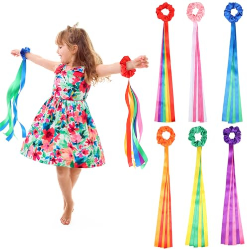 VioraWhite 6 Pcs Rainbow Dance Ribbons for Kids Rainbow Rhythm Ribbons Elastic Wrist Streamers Hand Held Rhythm Streamers Gymnastics Dance Party Props for Adult Decor (0.8 x 19.7 Inch,Multicolor)