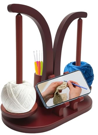 Porta Gomitolo Uncinetto in Legno，Doppia Asta Svolgitore di Lana, Porta Rocchetto di Lana Magnetico con Contenitore per Accessori da Lavoro a Maglia e Porta Cellulare(Colore Retrò)