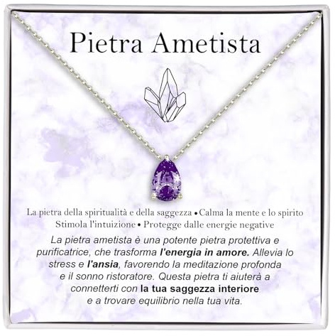 Bramart Collana Pietra Ametista Regali per lei Idea Regalo per Ragazza Argento Oro Natale Compleanno Collane Figlia Mamma Sorella – Cofanetto con DEDICA incluso (Pietra Ametista arg)