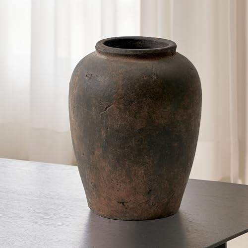 LB2 Brown Ceramic Large Vase, 11 Tall Zen Style vase, Terra Cotta Pitcher, Distressed Farmhouse Decor, Pottery Decorative Flower for Home Decor (A - Brown 11.8)