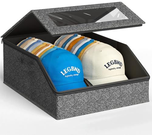 Large Capacity Hat Storage Box,Holds up to 24 Caps, for Home Storage | Zipper Box,Hat Dustproof Storage Box with Clear Window Lid & Cardboard & Carrying Handles,Foldable Hat Box Holder