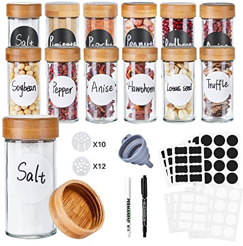 elagel Gewürzgläser Rund mit Streueinsatz - 12er Set 120ml Gewürzdosen Hochwertigem Holzdeckel aus Bambus Gewürzgläser - Gewürzstreuer Glas mit Streuer-Aufsätze,Trichter,Etiketten- Spice Jars