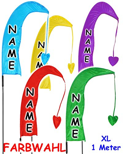 5 Stück 1 m - XL - Balifahnen/Windfahnen - GELB - incl. Name - UV-beständig & wetterfest - Windrichtungsanzeige mit Fahnenstange - aus Nylon/Flagge ..