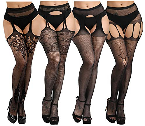 DRESHOW 4 Paia Donna Sexy Moda Elastico Vita Alta Collant Calze a Rete Coscia Alta Calze Collant