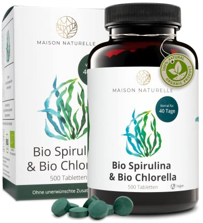 MAISON NATURELLE® | Bio Spirulina & Chlorella Mix (500 Stück) - Hochdosiert mit 2400mg Bio-Spirulina Alge & 2400mg Bio Chlorella Alge je Tagesdosis