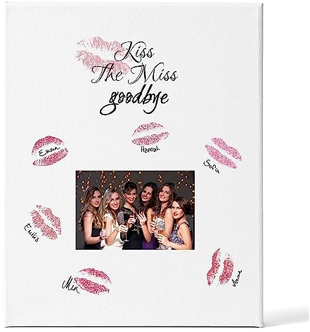 GRAVURZEILE Leinwand JGA - Kiss the Miss Goodbye - Geschenk zum Junggesellenabschied - 30x40 cm inkl. Fotofeld 10x15 cm - Team Bride - Erinnerung & Andenken an unvergesslichen JGA