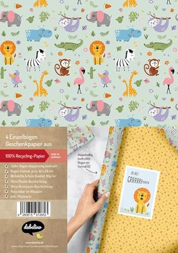 Geschenkpapier-Set für Kinder: Dschungel / Safari Tiere / Zoo: 4x Einzelbögen + 1x Postkarte Löwe