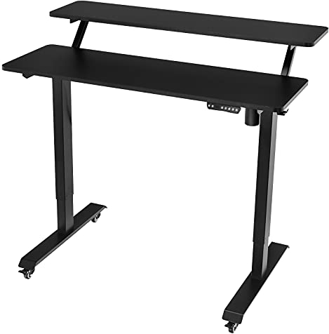 COSTWAY Elektrischer Schreibtisch höhenverstellbar, Computertisch auf Rollen, Arbeittisch mit 2-stufigem Computerarbeitsplatz, Steh-Schreibtisch mit Haken Kabelführung für Zuhause Büro (Schwarz)
