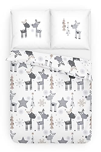 Träumschön Biber Bettwäsche Set 2tlg 155x220 cm + 80x80 cm – Flauschige Weihnachtsbettwäsche Hell – Weiche Winterbettwäsche mit Rentieren - Atmungsaktiv, Warm & Hautfreundlich - 100% Baumwolle