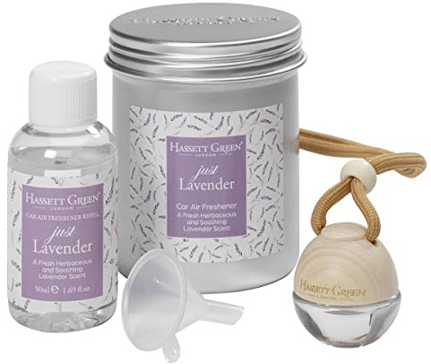 Hassett Green London Just Lavender Car Air Freshener & Refill Kit | Empty wooden-top freshener & 50ml oil, Fresh, herbaceous floral aroma, Refillable design, For cars & small spaces