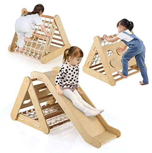 COSTWAY 4 en 1 Triángulo de Escalada para Niños, Escalador Triangular con Tablero Deslizante, Juego de Escalada de Madera para Interior con Red de Escalada para Hogar(Natural)