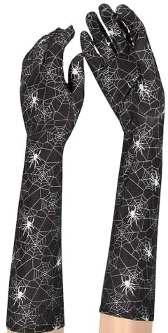 krautwear® Damen Satin Schwarze Handschuhe 40cm Spinnennetz Fledermaus Kürbis Halloween Karneval Party Kostüm Kostümzubehör (Spinnennetz)
