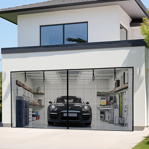 LOOBANI Garage Screen Door 16x8 Ft: Heavy Duty Magnetic Closure Garage Door Screen 2 Car, Roll Up Garage Net Screen for Patio, Hand-Free, Easy Install