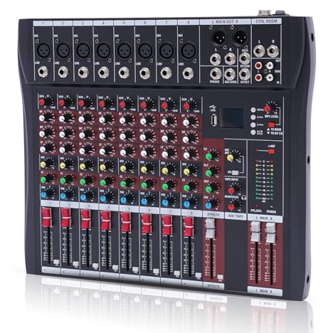 Professionelle 8 Kanal Stereo Sound Mischkonsole, Mischpult mit USB Bluetooth DJ Live Audio Mixer mit LCD-Anzeige für Karaoke Stage Aufnahme, Heim-KTV, Bars, Aufnahmestudios, 48V Phantom Power