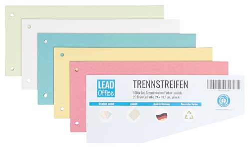 100 Trennstreifen für Ordner A4, Trapezform, Trennblätter aus Recycling-Karton, MADE IN GERMANY, 5 Farben, gelocht