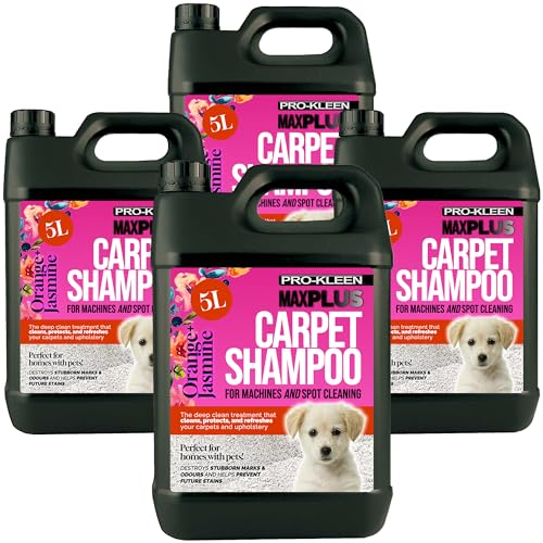 Pro-Kleen MAXPLUS Carpet Shampoo Cleaner – Premium Formula, Removes Dirt, Stains, Marks, Pet Deposits & Odours, Suitable for all Machines (Orange & Jasmine Fragrance, 4 x 5 Litres)