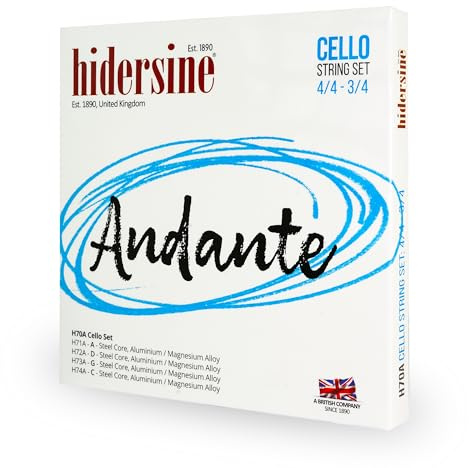 Hidersine Andante - Juego de 4 cuerdas para violonchelo de tamaño 4/4-3/4, núcleo de acero, cuerda de aleación, facilidad de tocar, excelente tono y gran valor. Ideal para estudiantes de violonchelo