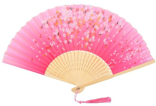 KEYIDO Pink Hand Fans for Women Silk Fabric Handheld Folding Fan Traditional Hand Fans with Tassel for Wall Decoration Wedding Dancing Cosplay