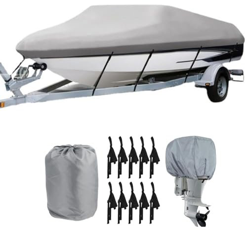 Bootspersenning mit Außenborder Abdeckung,600D Oxford Gewebe Wasserdicht Staub Schutz Bootsplane,Schwarz Bootsplane für Yacht Schnellboot Angelboot V-Rumpf (Grau, 17-19FT)