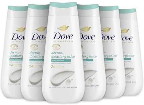 Dove Bagnoschiuma Dermo-Ipoallergenico, Bagnodoccia Idratante, Formula Delicata sul Microbioma della Pelle, Agenti Idratanti Vegetali, Senza Solfati SLES, Bagnodoccia Uomo e Donna, 6 Pezzi da 225ml