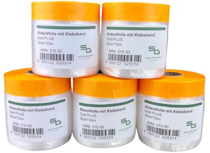 SOLIDGUARD Guldband täckfolie med tejp, lackeringstejp, tejp med täckfolie | självhäftande tejp med folie, inomhus och utomhus | klistra fast film för fönster | tejp med folie (5 st x 30 cm x 33 m)