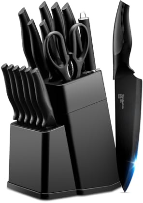 LIANYU Kitchen Knife Set with Block and Sharpener, 15 Piece Knife Block Set