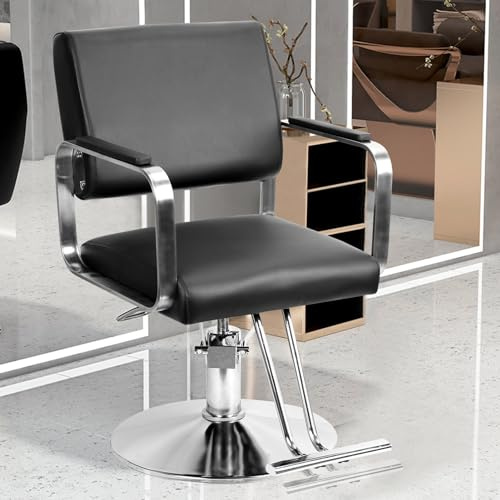 pofluany Classic Barber Chair, Heavy Duty Metal Frame with Hydraulic Pump, Ergonomic Design, Black, 330 lbs Capacity, Swivel, High Back, Adult Use
