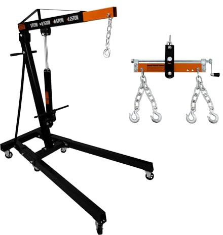 SET Grúa de Motor Capacidad 1 Tonelada + Equilibrador de carga 900kg | Manilla de Bomba Hidráulica | 4 Posiciones de Brazo | Patas Plegables | Ruedas | Mango ajustable p/afinar centro de gravedad