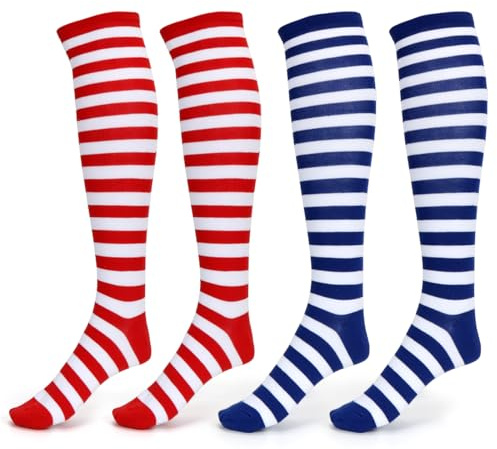 Meleager Calzini a Righe al Ginocchio, Calzini alti a Righe, 2 Pezzi Calzini Lunghi a Righe in Poliestere(Rosso e Bianco, Blu e Bianco, Donna 36-41), per Carnevale, Halloween, Pigiama Party