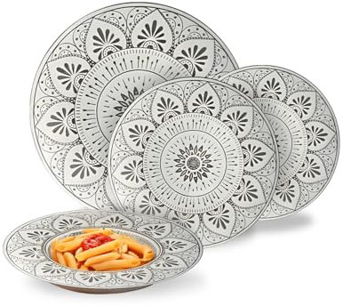 Avilia Lot de 18 assiettes modernes en porcelaine avec motif Mandala gris, service élégant pour 6 personnes
