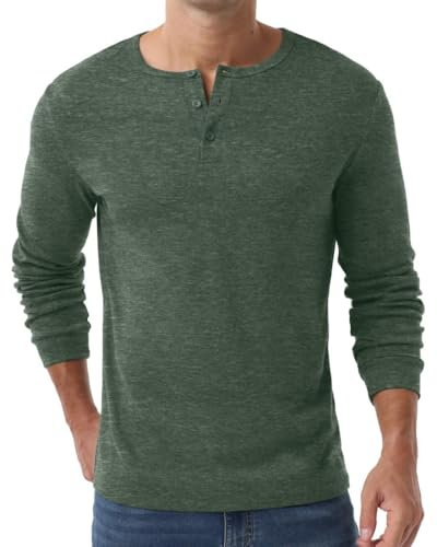 PrinStory Henley - Maglietta da uomo a maniche lunghe, vestibilità aderente, con scollo a V, con bottone