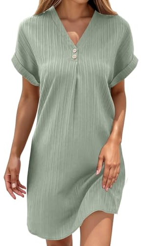 Robe Ete Femme Chic Et Elegant Plage Été Chemise Mi Longue Fluide Coton De Grande Taille 52 54 56 Lin Smockée Légère Blanche Detente Bleue Robes Tshirt Col V D pour Jupe Trapèze Vert d'eau,Vert,4XL